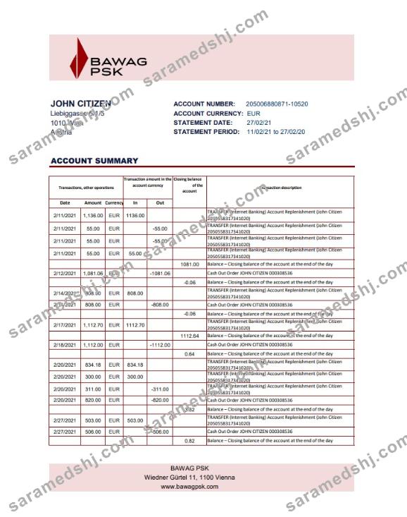 Austria BAWAG PSK bank statement easy to fill template in Excel and PDF format